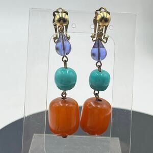 Vintage Butterscotch Egg Yolk Bakelite Blue Purple Glass Dangle Earrings